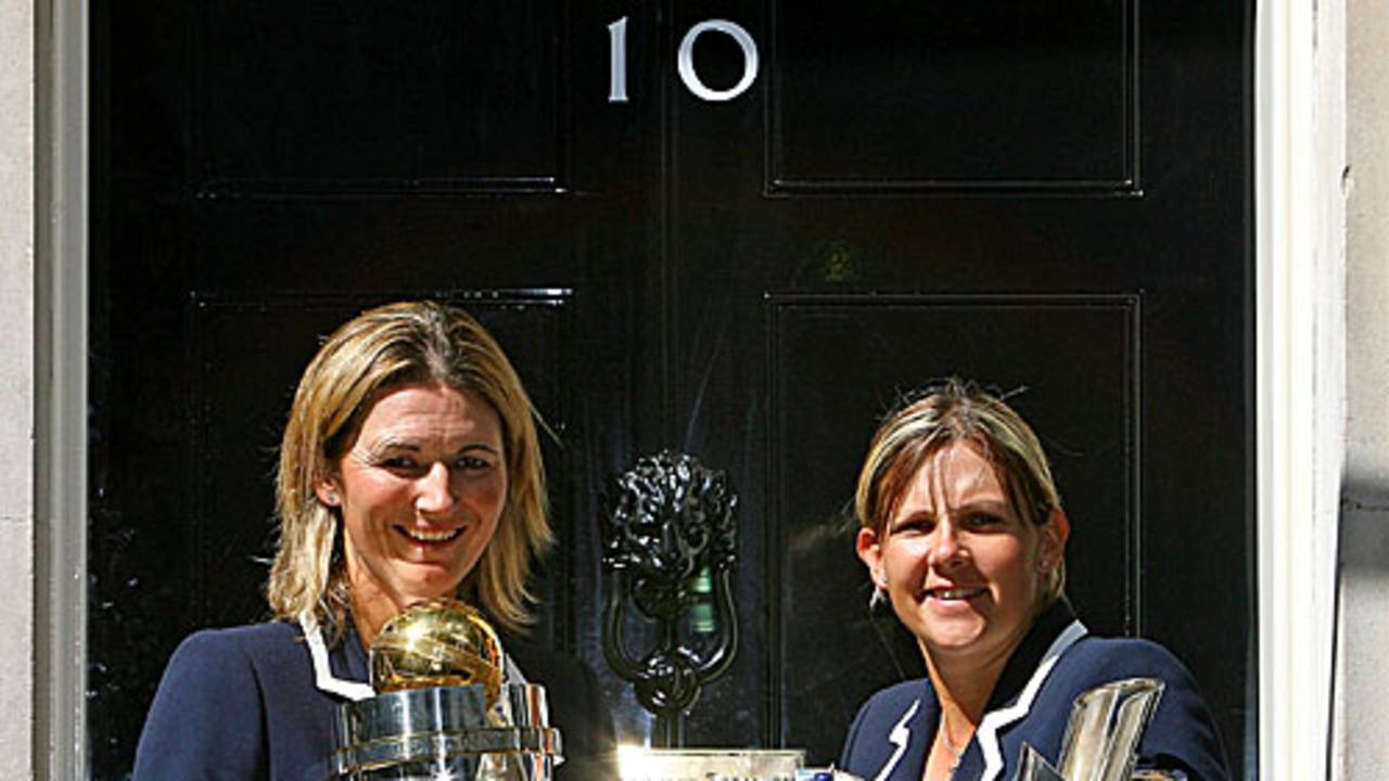 Charlotte Edwards and Nicky Shaw pose outside 10 Downing Street