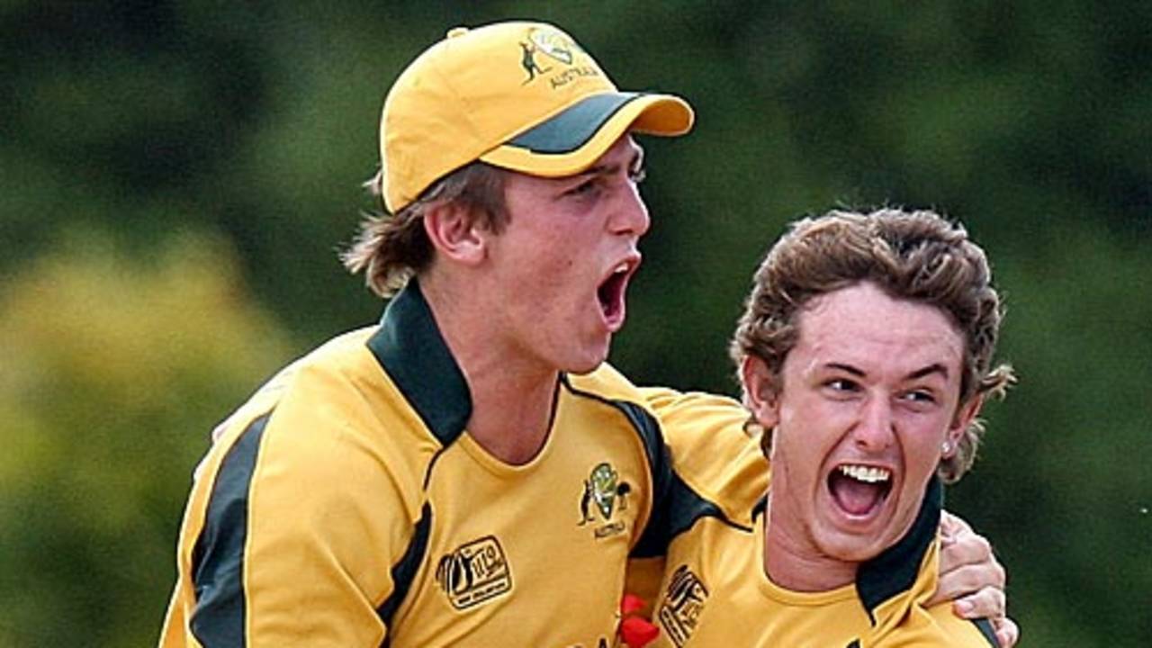 Mitchell Marsh and Luke Doran are ecstatic after the fall of another Pakistani wicket, Australia v Pakistan, Under-19 World Cup final, Lincoln, 30 January, 2010