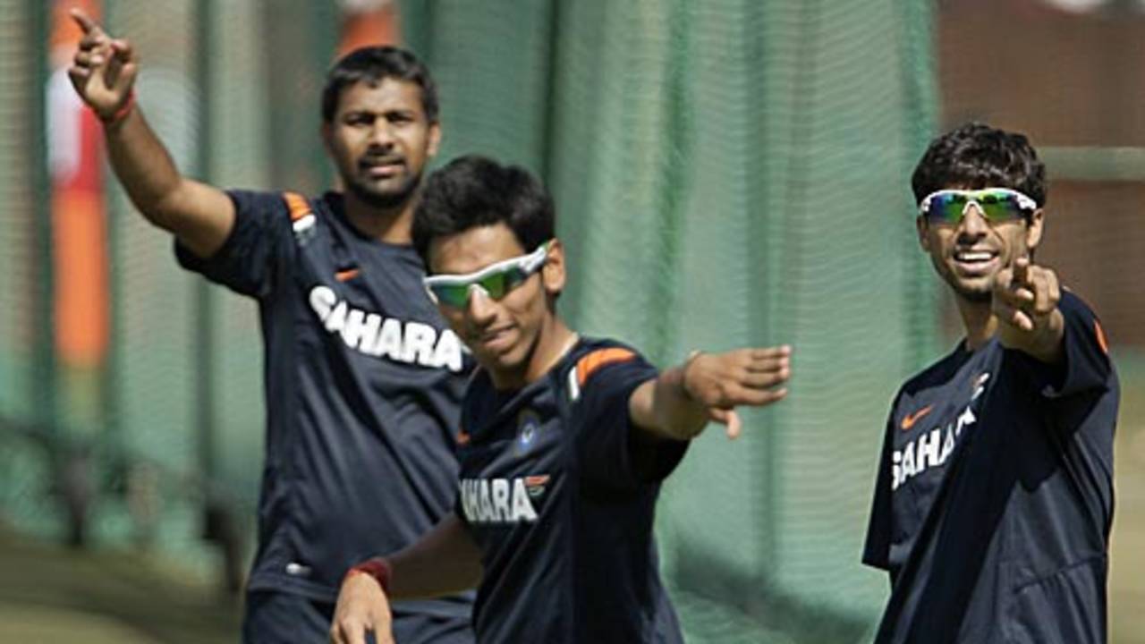 India's pace trio of Sudeep Tyagi, Praveen Kumar and Ashish Nehra during a training session