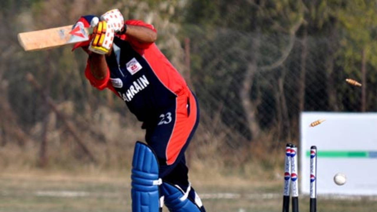 Abdul Majeed is bowled, Bahrain v Fiji, ICC World Cricket League Division 5, February 26, 2010