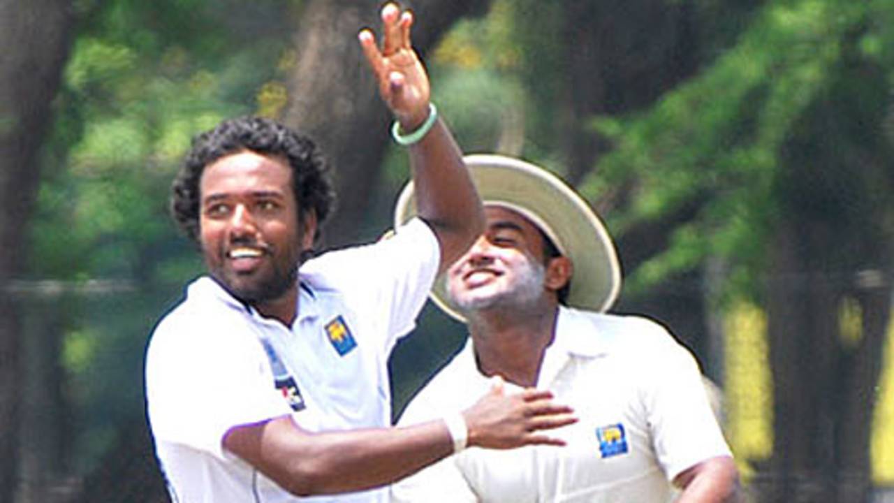 Malinga Bandara celebrates his match haul of nine wickets, Basnahira South v Kandurata, Sri Lanka Cricket Inter-Provincial Tournament, Colombo, 4th day, March 28, 2010