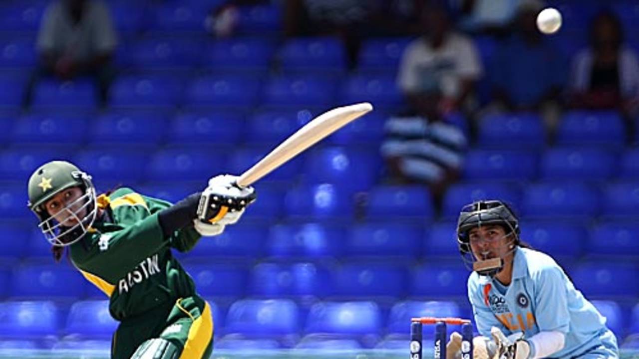 Urooj Mumtaz swings one over midwicket, India women v Pakistan women, ICC Women's World Twenty20, Group B, St Kitts, May 8, 2010