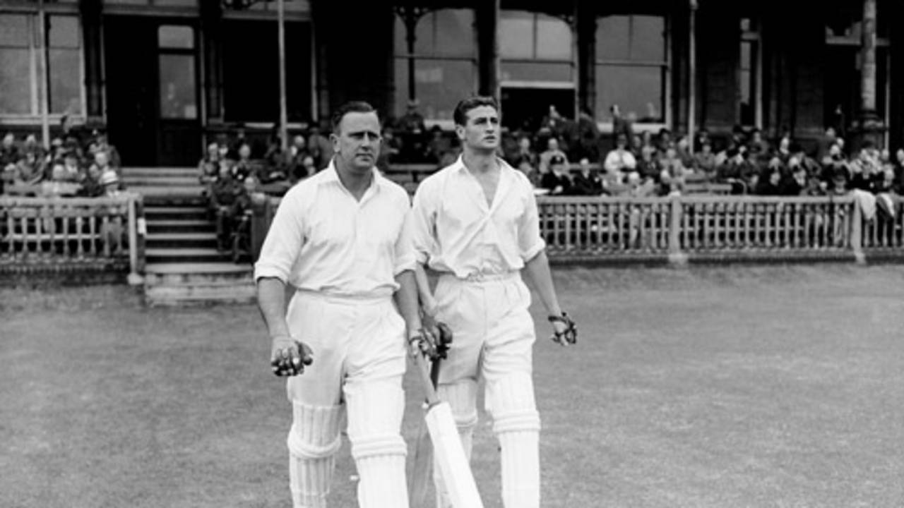 Cec Pepper and Keith Miller walk out to bat, England v Australian Services, Lord's, 17 July 1945