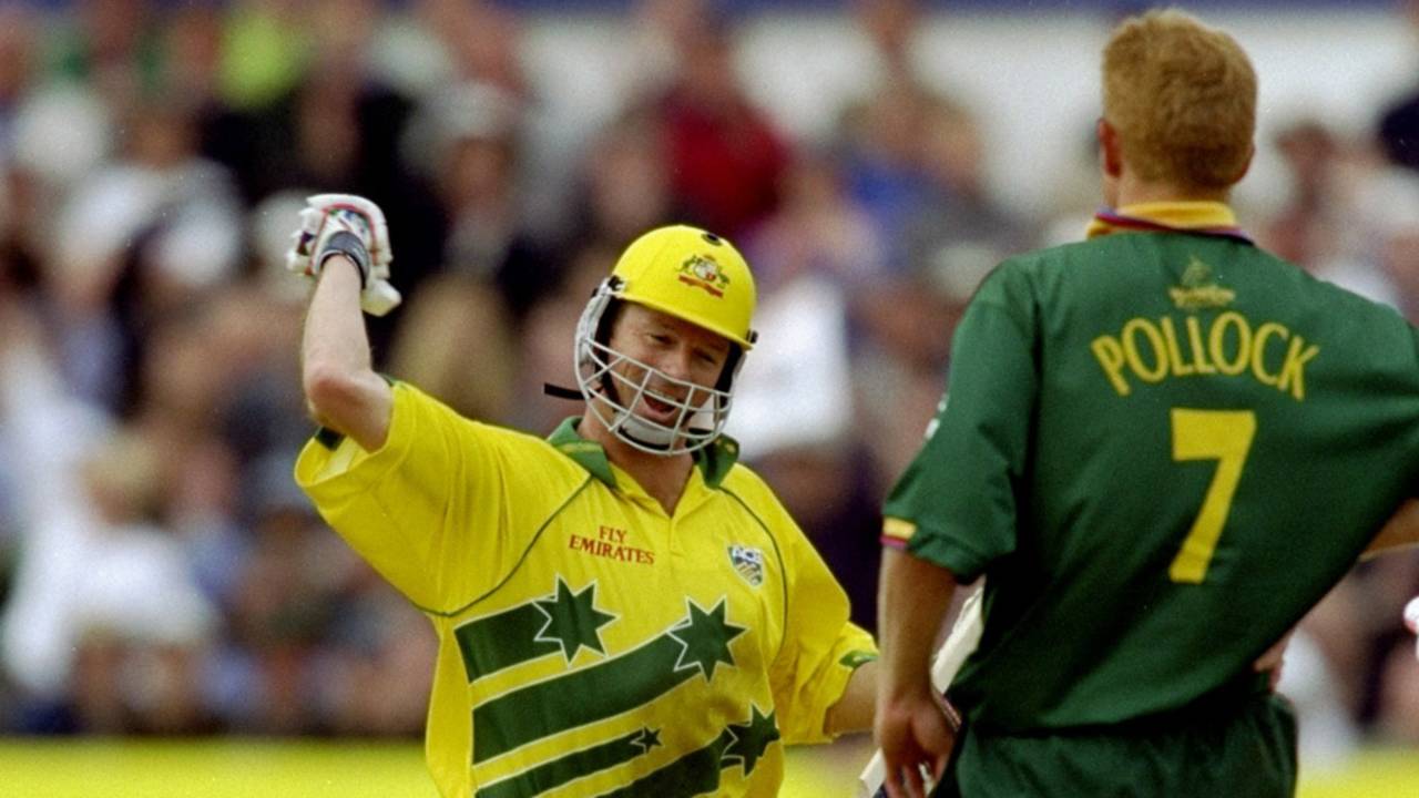 Steve Waugh celebrates leading his team into the semi-finals, Australia v South Africa, Super Sixes, Headingley, June 13, 1999