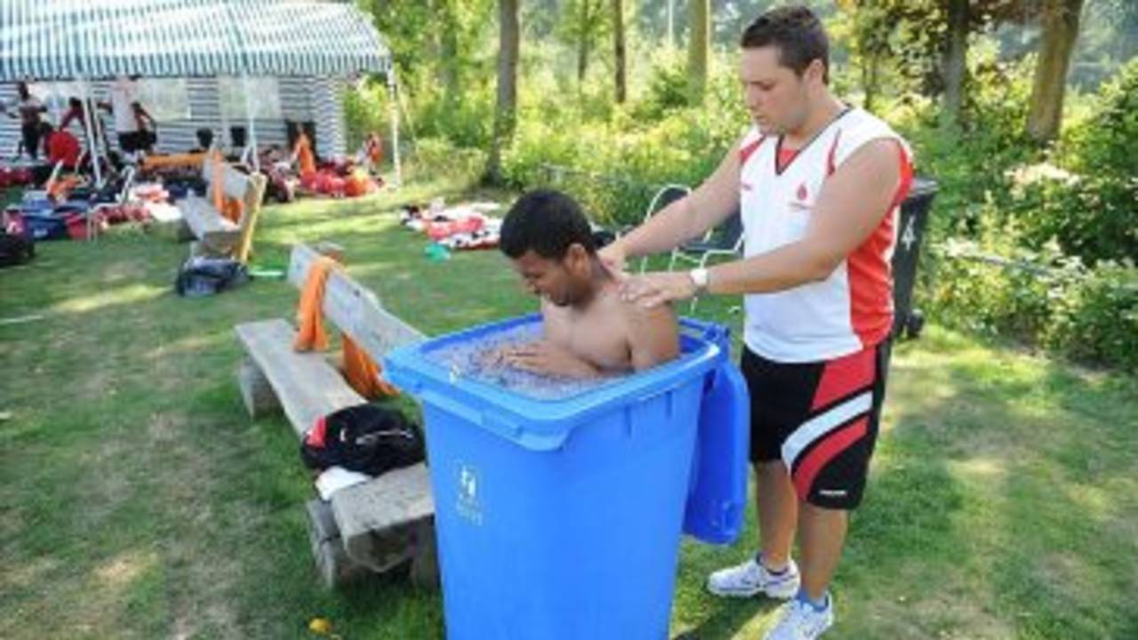 Canada's Manny Aulakh has an ice bath, Canada v Kenya, ICC World Cricket League Division 1, Schiedam, July 9, 2010