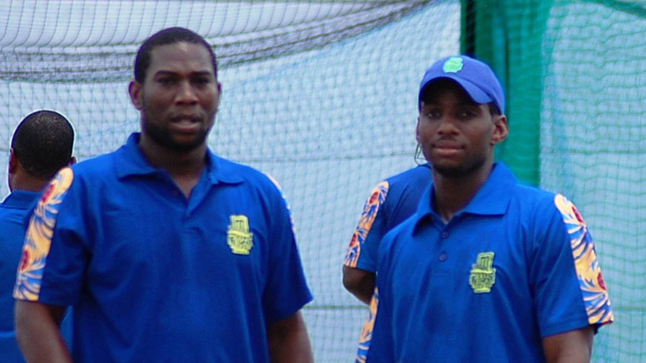 Barbados captain Ryan Hinds and his brother Jason go through nets at the Kensington Oval, Barbados, July 20, 2010 