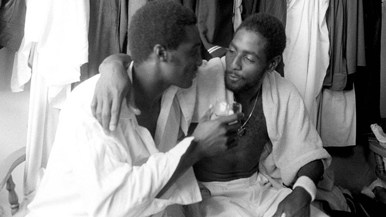 Michael Holding and Viv Richards celebrate the win, England v West Indies, 4th Test, Headingley, 5th day, July 27, 1976