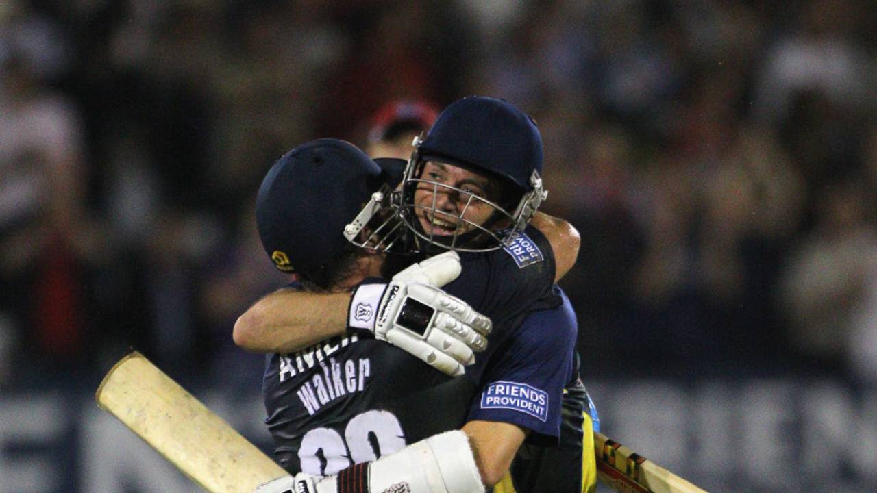 James Foster embraces Matt Walker after his matchwinning innings, Essex v Lancashire, Friends Provident t20 quarter-final, Chelmsford, July 27, 2010