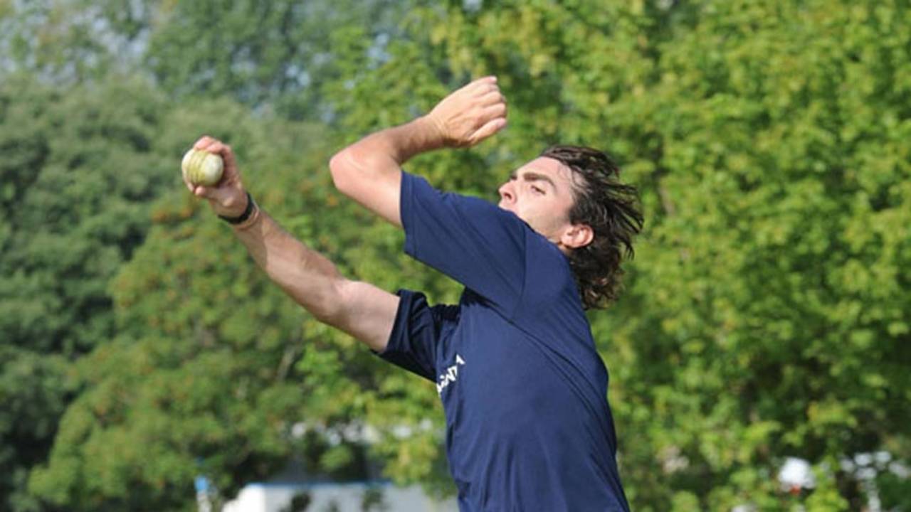 Agustin Casime bowls during practice, ICC World Cricket League Division 4, Navile, August 18, 2010