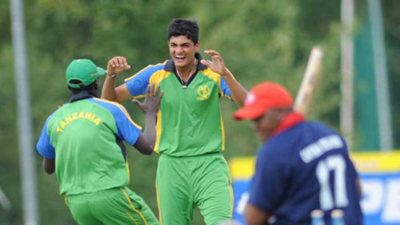 Harsh Ramaiya celebrates the dismissal of Kevin Bazil, Cayman Islands v Tanzania, ICC WCL Div. 4, Pianoro, August 18, 2010