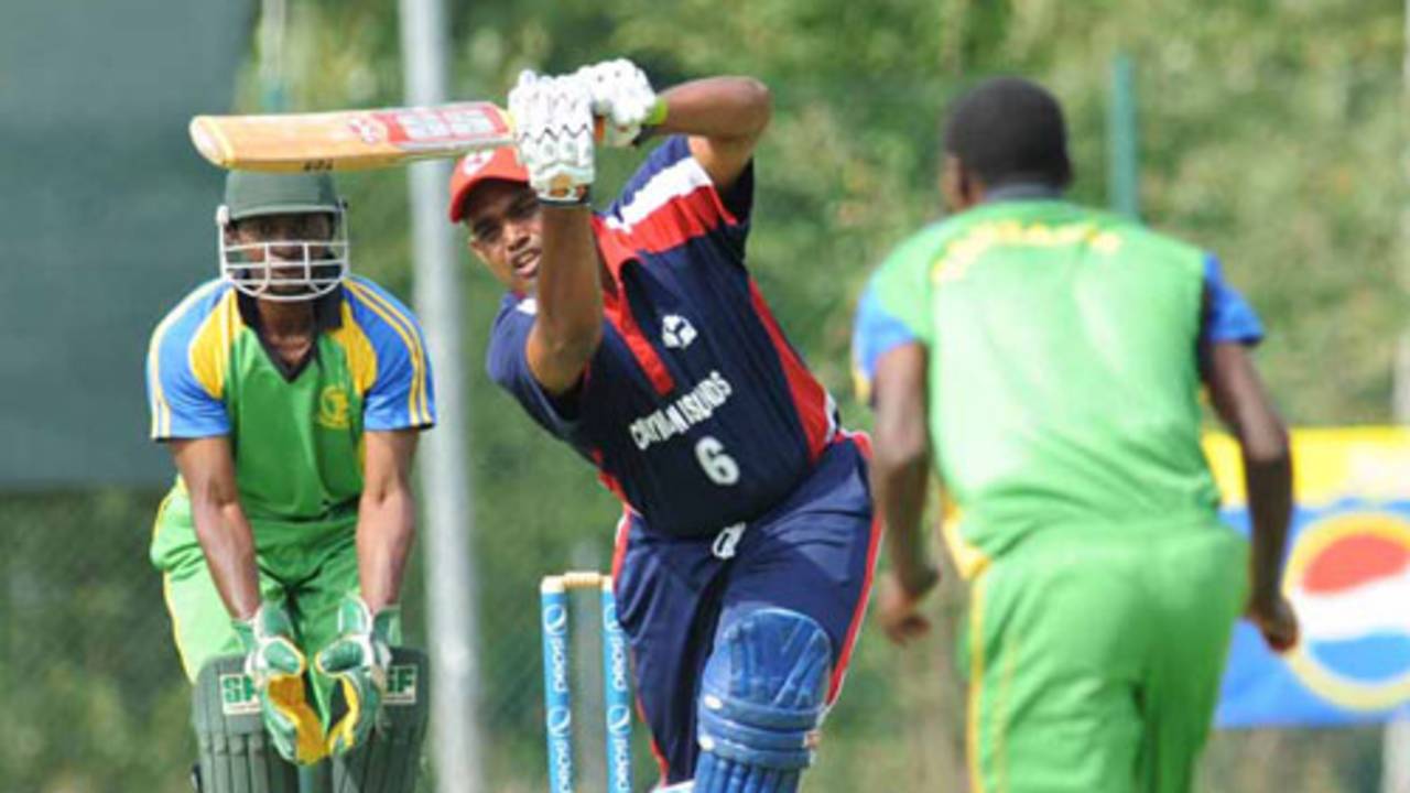 Saheed Mohamed drives during his innings of 37, Cayman Islands v Tanzania, ICC WCL Div. 4, Pianoro, August 18, 2010