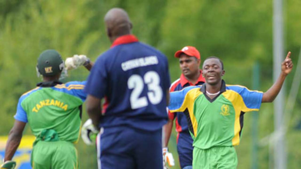 Kassim Nassoro celebrates after trapping Ryan Bovell leg before, Cayman Islands v Tanzania, ICC WCL Div. 4, Pianoro, August 18, 2010