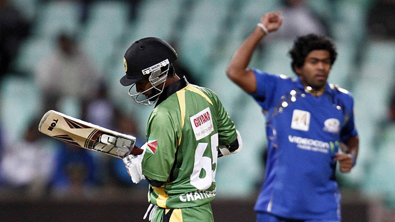 Lasith Malinga gets rid of Sewnarine Chattergoon, Mumbai Indians v Guyana, Champions League Twenty20, Durban, September 16, 2010