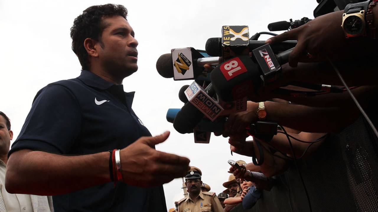 Sachin Tendulkar speaks to the media during the 2010 ICC Awards in Bangalore, October 6, 2010