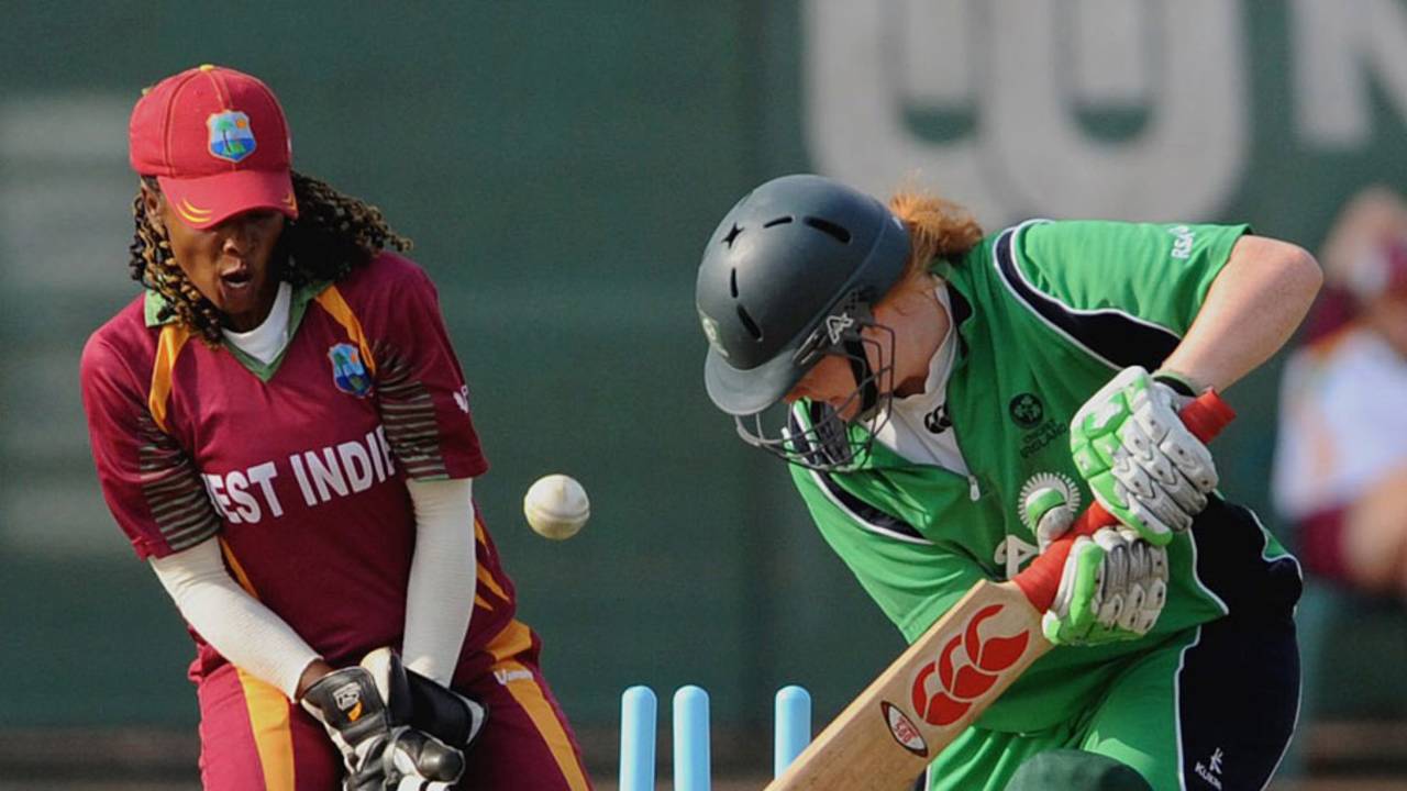 Ireland batsman Melissa Scott-Hayward is bowled as West Indies wicketkeeper Merissa Aguilleira looks on
