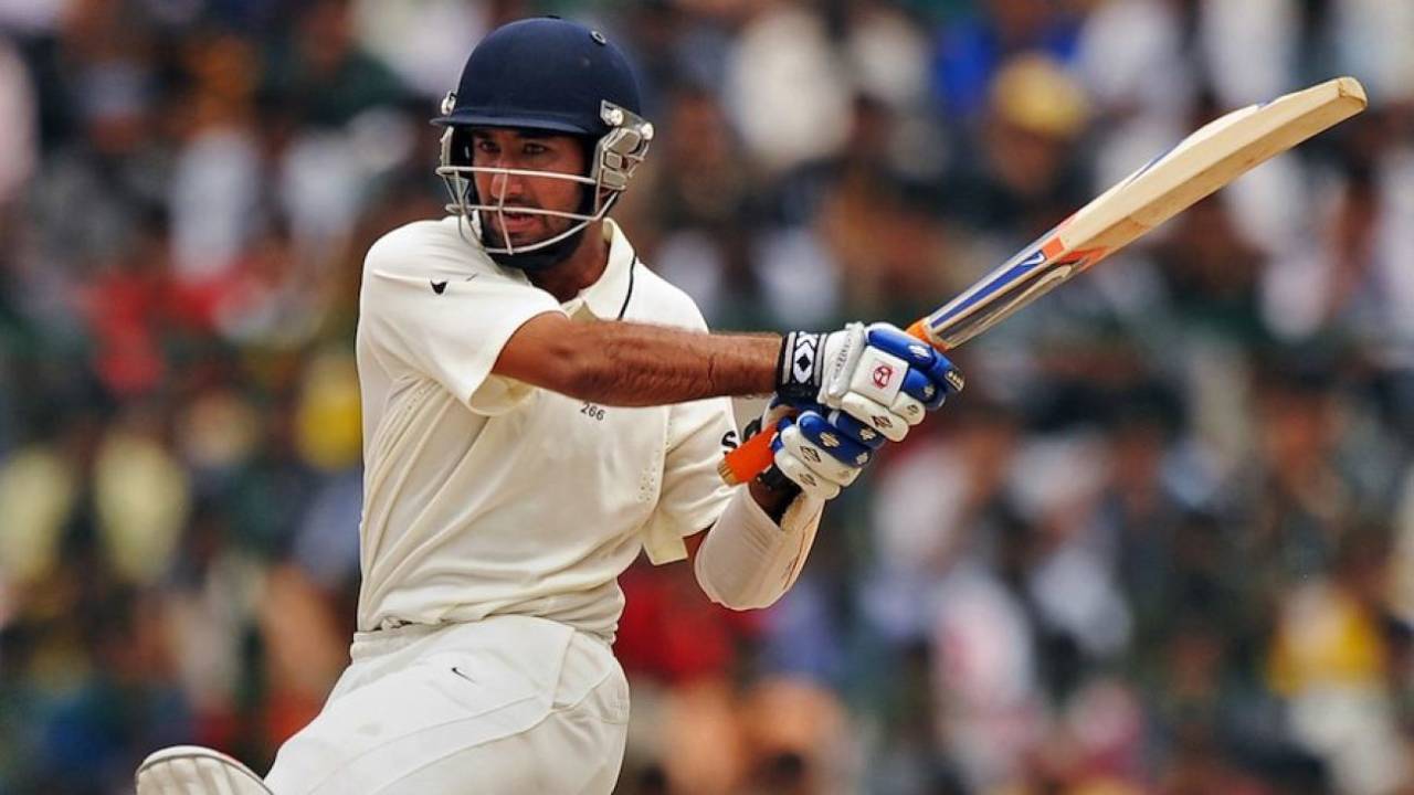 Cheteshwar Pujara pulls during his half-century on debut, India v Australia, 2nd Test, Bangalore, 5th day, October 13, 2010