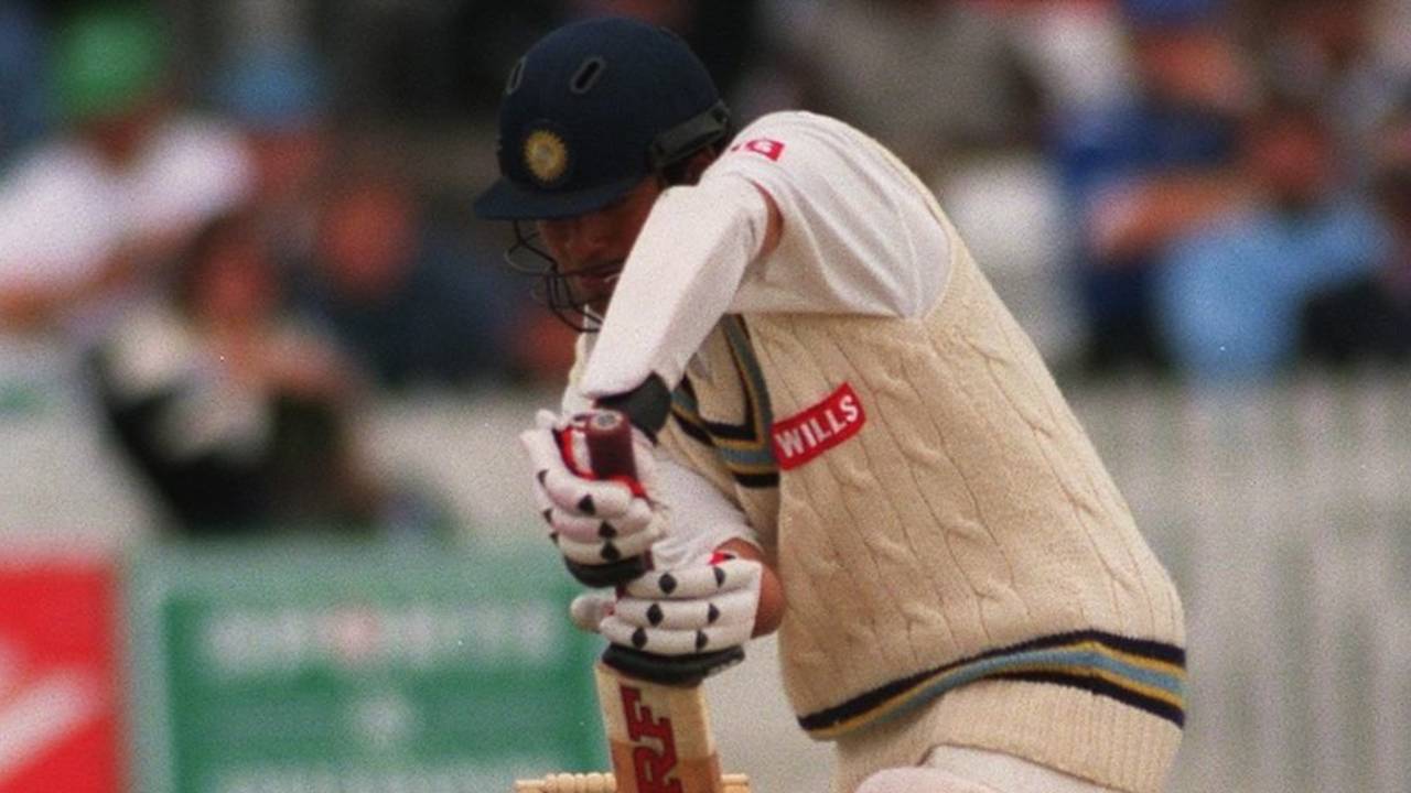 Sachin Tendulkar defends on his way to a century, England v India, 3rd Test, Trent Bridge, July 4-9, 1996