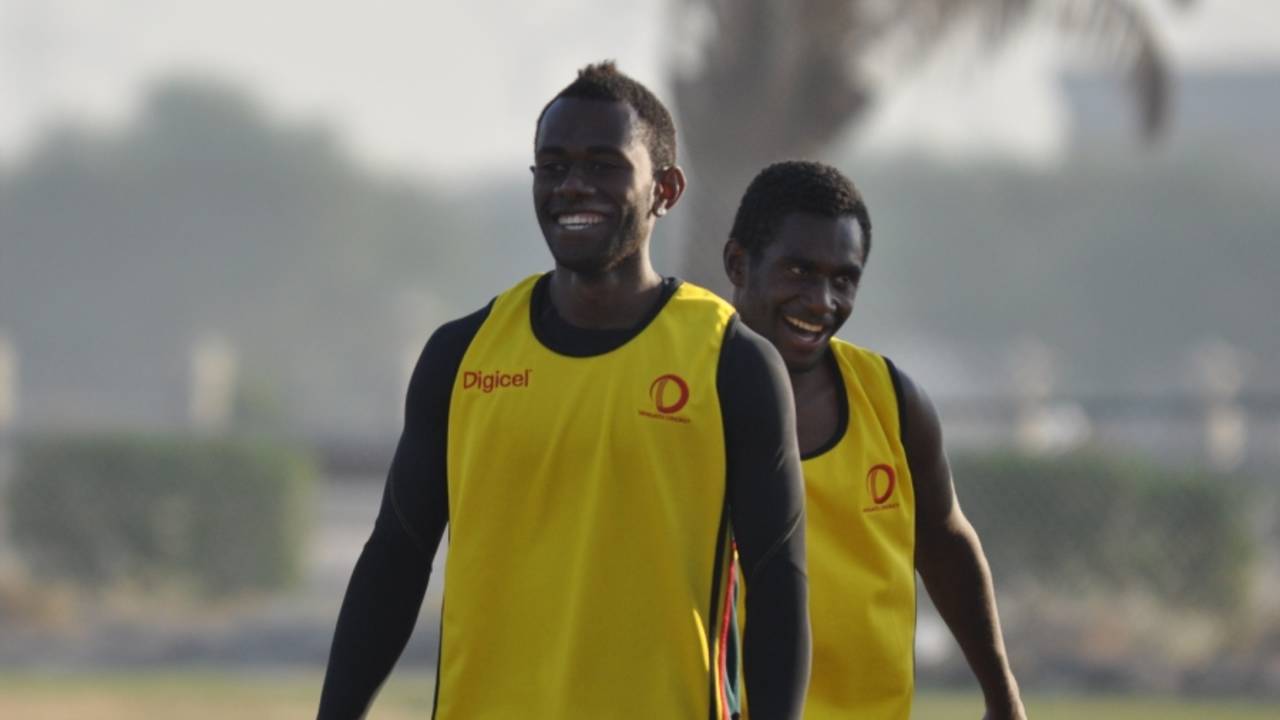 Simpson Obed and Nalin Nipiko warm up before Vanuatu's semi-final against Germany