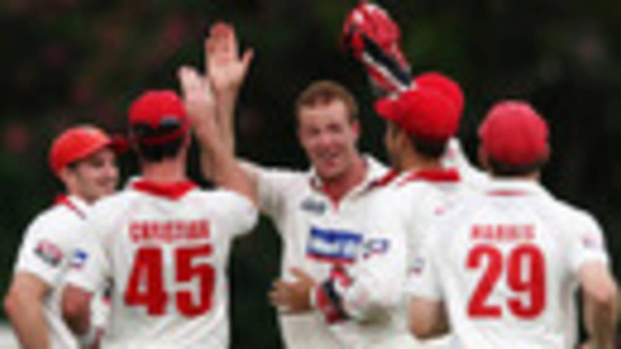 Rob Cassell celebrates on a breakthrough day, Queensland v South Australia, Sheffield Shield, 1st day, Allan Border Field, November 18, 2010