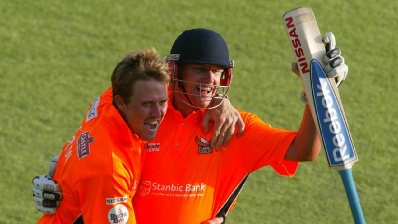 Nick Compton and Ryan Butterworth celebrate Eagles' win, Mashonaland Eagles v Mid West Rhinos, Stanbic Bank 20, Harare, November 17, 2010