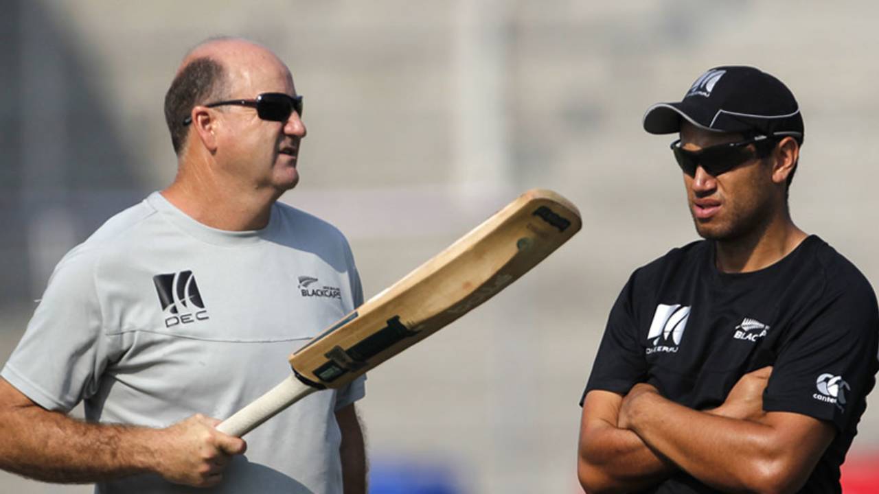 Ross Taylor receives some batting tips from his coach Mark Greatbatch