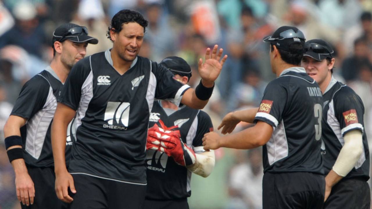 Daryl Tuffey takes his second wicket of the innings, dismissing Yuvraj Singh, India v New Zealand, 1st ODI, Guwahati, November 28, 2010