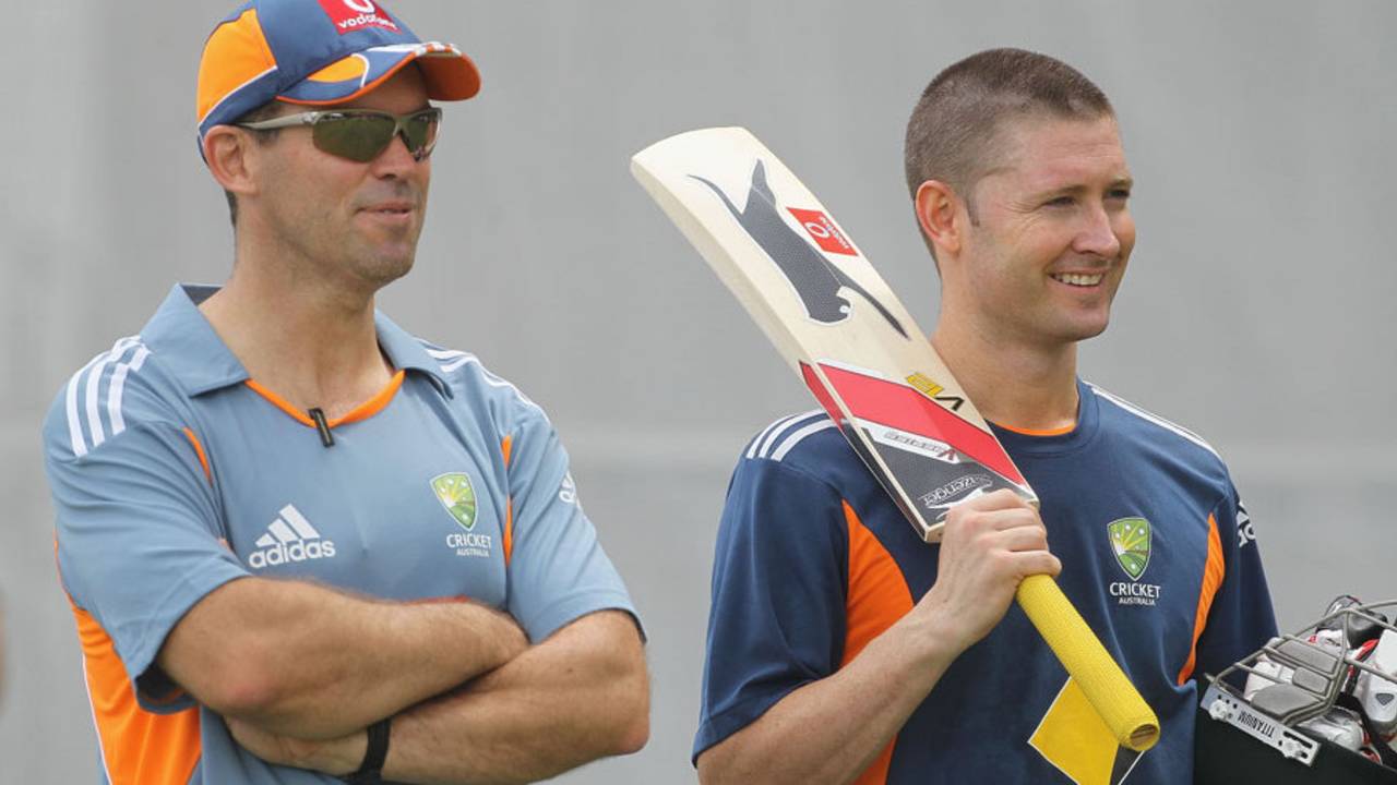 Assistant coach Dene Hills with Michael Clarke at Australia's training session, Adelaide, December 1, 2010