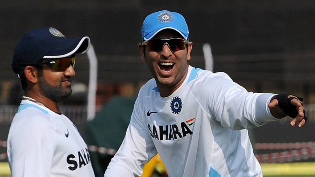 Gautam Gambhir and Yuvraj Singh share a joke, in training, Vadodara, December 3, 2010