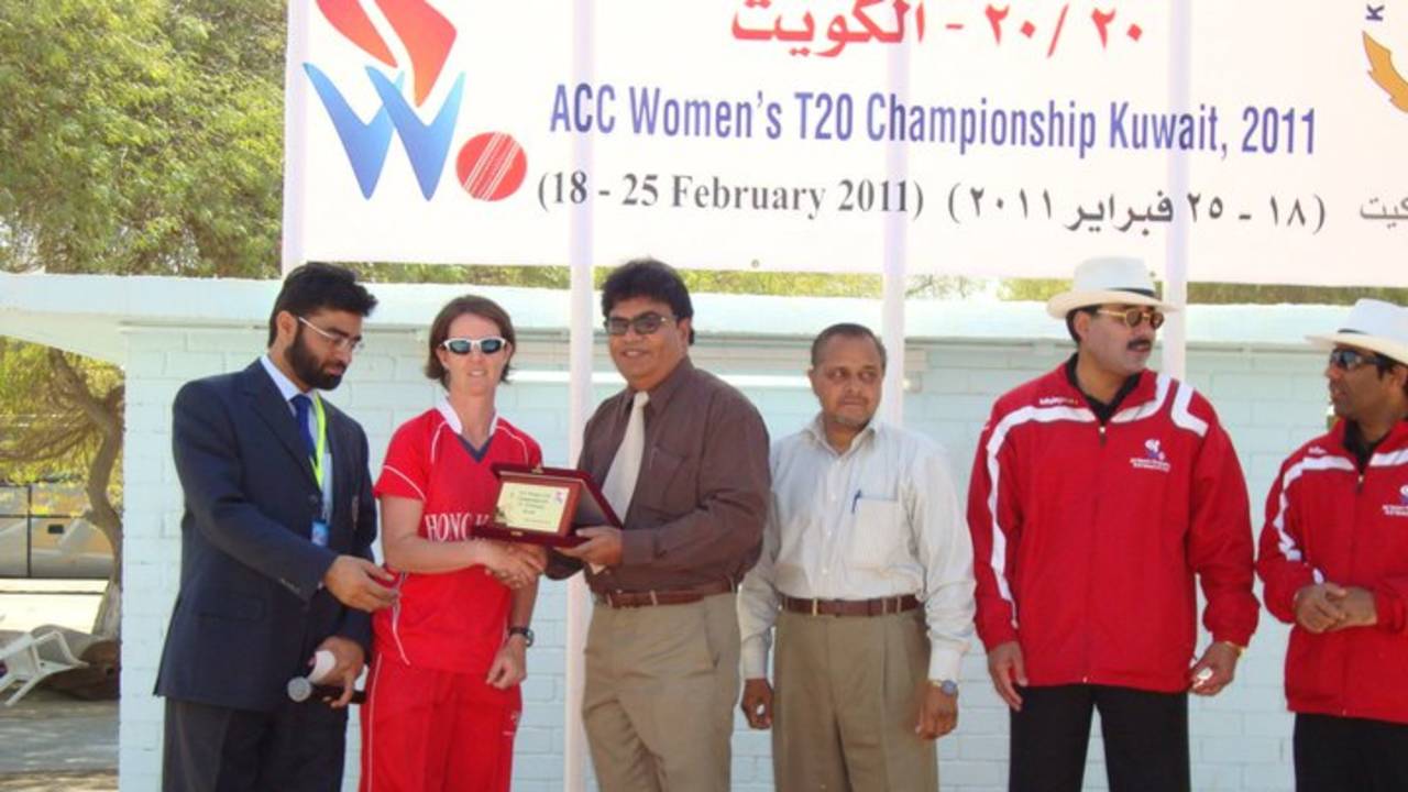Hong Kong skipper Neisha Pratt accepts her Player of the Match award against Oman at the Acc Women's Twenty20 Championships 2011 in Kuwait on 19th February 2011