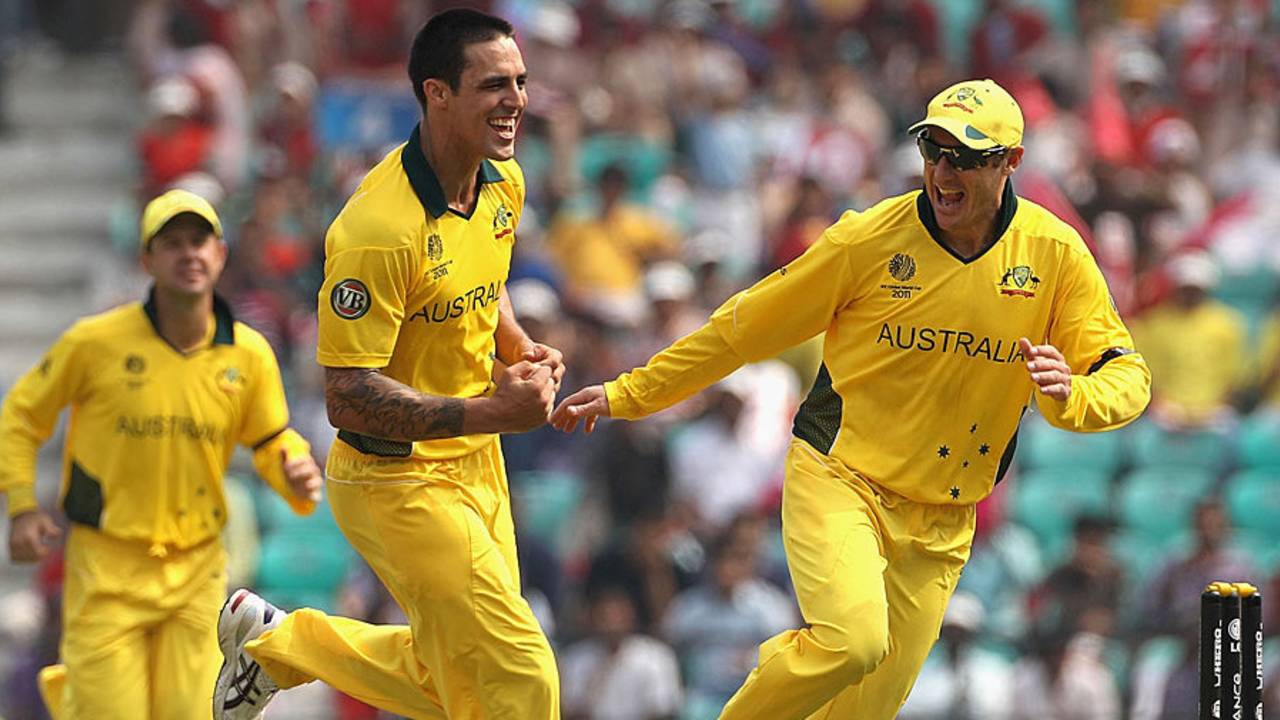 Mitchell Johnson took 4 for 33 the last time the Chappell-Hadlee Trophy was made available, in the 2011 World Cup&nbsp;&nbsp;&bull;&nbsp;&nbsp;Getty Images