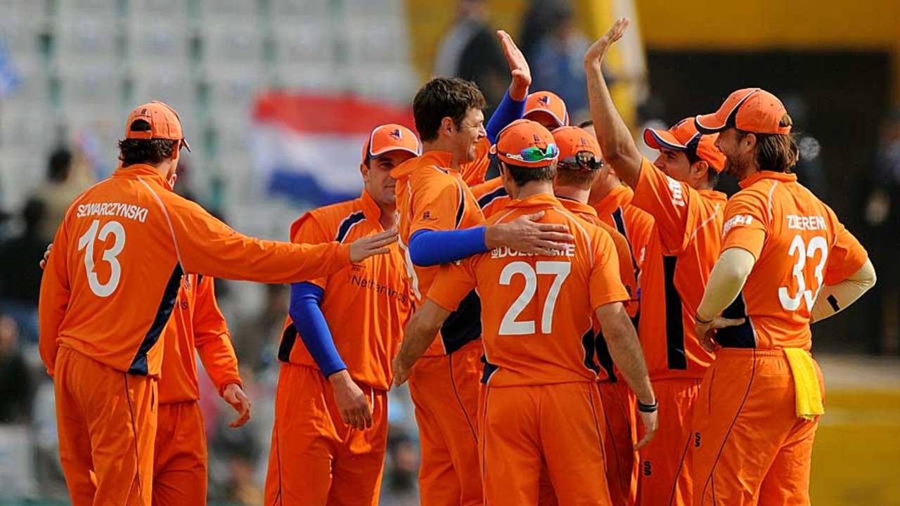 Bernard Loots is congratulated by his team-mates for getting rid of Graeme Smith, Netherlands v South Africa, Group B, World Cup 2011, Mohali, March 3, 2011