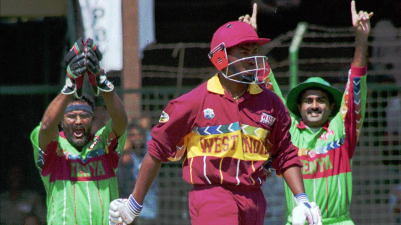 Wicketkeeper Tariq Iqbal and  Aasif Karim celebrate as Brian Lara is caught behind off the bowling of Rajab Ali, Kenya v West Indies, World Cup, Pune, February 29, 1996