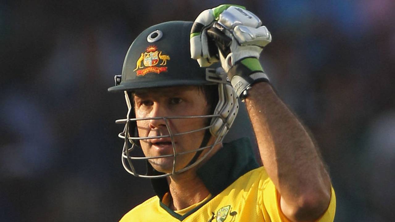 Ricky Ponting pumps his fist on getting to a century, India v Australia, 2nd quarter-final, Ahmedabad, World Cup 2011, March 24, 2011
