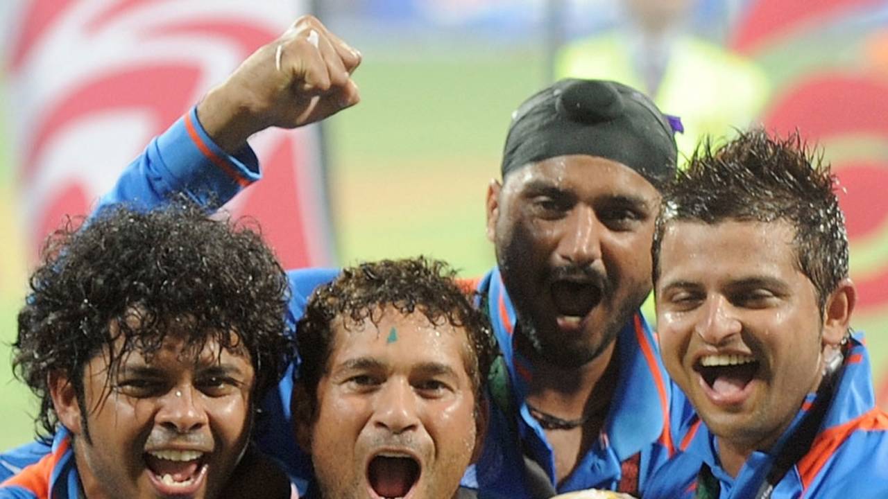 Sreesanth, Sachin Tendulkar, Harbhajan Singh and Suresh Raina celebrate with the trophy