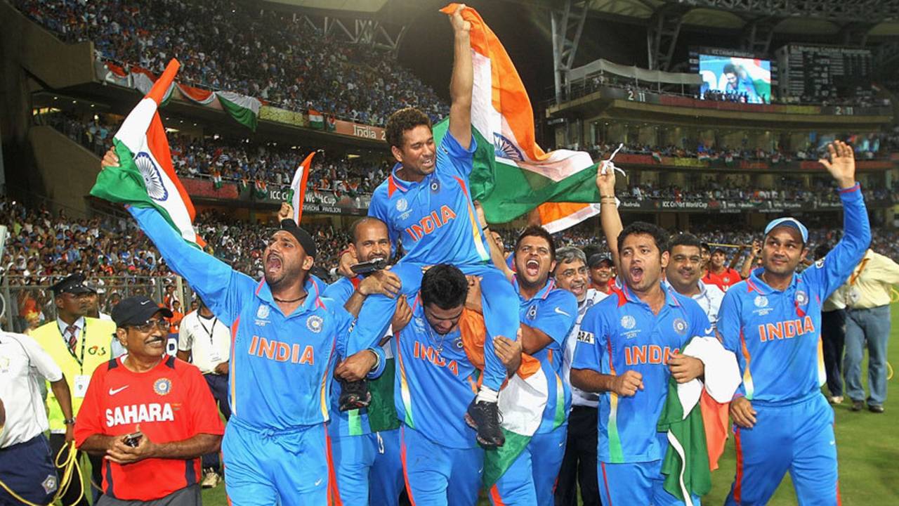Sachin Tendulkar is carried around the Wankhede by his team-mates, India v Sri Lanka, final, World Cup 2011, Mumbai, April 2, 2011