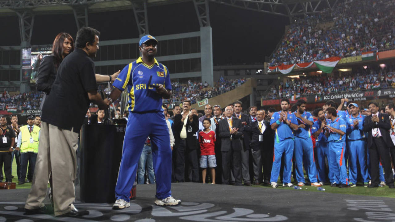 Muttiah Muralitharan ends his international career with a runners-up medal, India v Sri Lanka, final, World Cup 2011, Mumbai, April 2, 2011