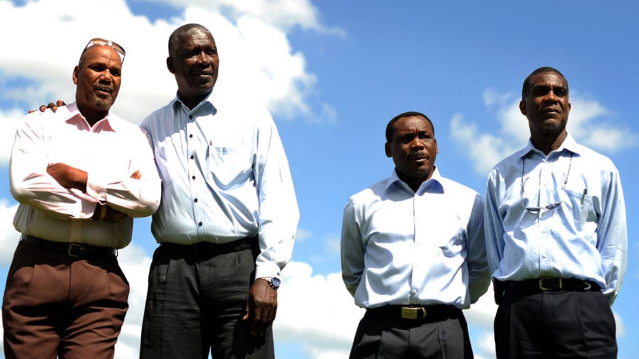 Colin Croft, Joel Garner, Gordon Greenidge and Michael Holding pose ahead of the <i>Fire in Babylon</i> premiere, The Oval, May 9, 2011