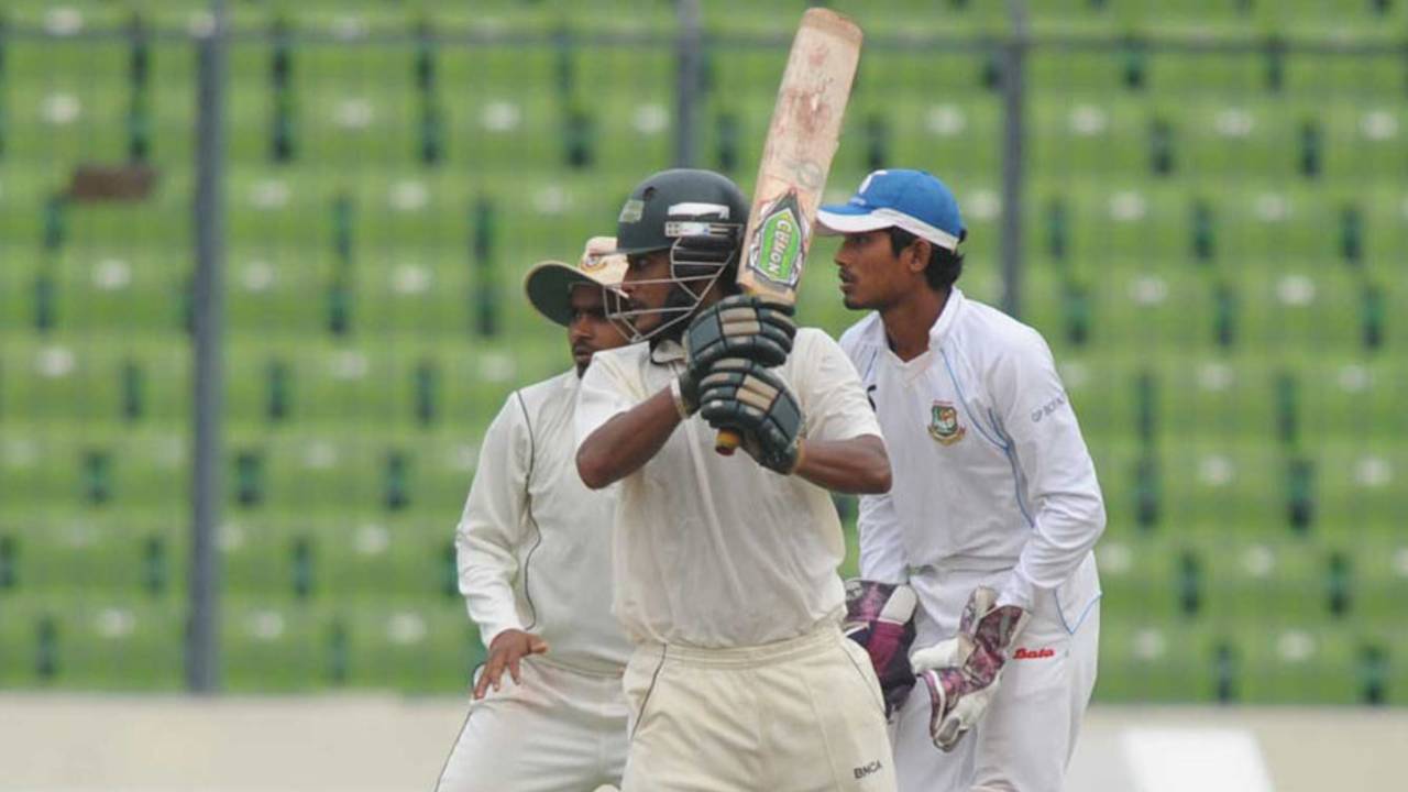 Dhiman Ghosh strokes one through the off side, Rajshahi v Dhaka, NCL final, 2nd day, Mirpur