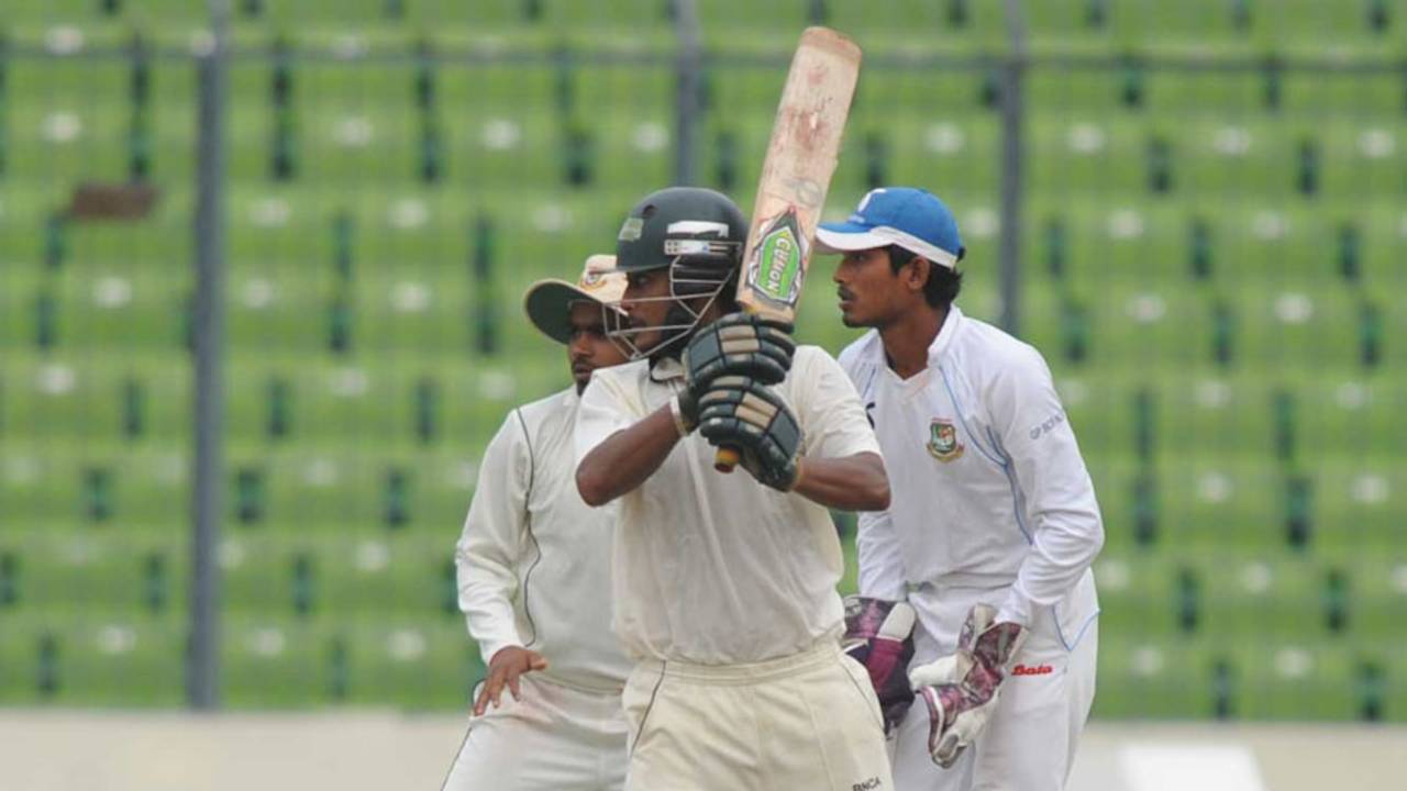 Dhiman Ghosh strokes one through the off side, Rajshahi v Dhaka, NCL final, 2nd day, Mirpur