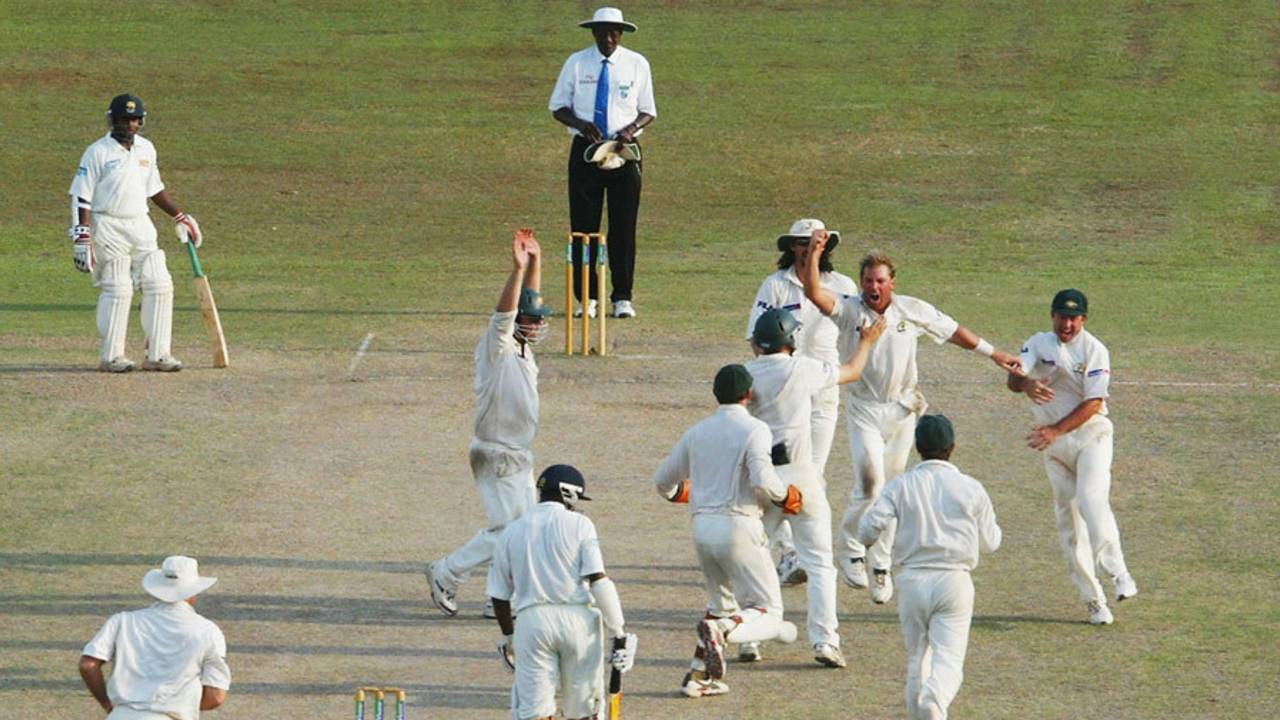 Shane Warne of Australia traps Chaminda Vaas of Sri Lanka LBW during day five of the Third Test between Australia and Sri Lanka played at the Singhalese Sports Club on March 28, 2004 in Colombo, Sri Lanka.