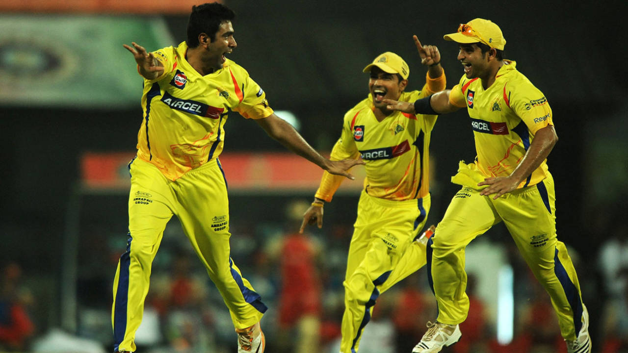 R Ashwin is about to be mobbed after dismissing Chris Gayle, Chennai v Bangalore, IPL 2011, Final, Chennai, May 28, 2011