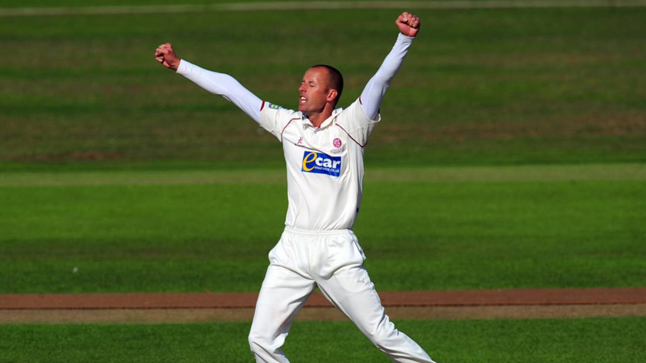 Charl Willoughby celebrates the wicket of Yuvraj Singh, Somerset v Indians, Taunton, 2nd day, July 16, 2011
