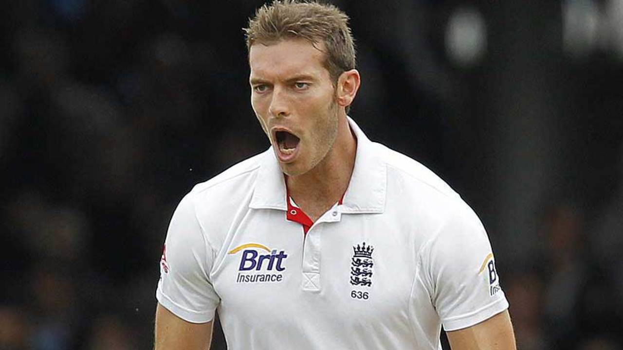 Chris Tremlett looks an imposing figure as he celebrates a wicket, England v India, 1st Test, Lord's, 3rd day, July 23, 2011