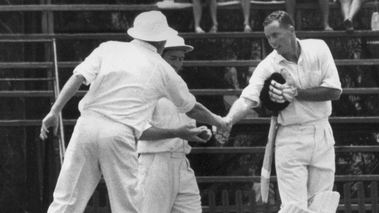 Trevor Goddard is congratulated by England captain Mike Smith for reaching his maiden Test century, South Africa v England, 4th Test, Johannesburg, 5th day, January 27, 1965