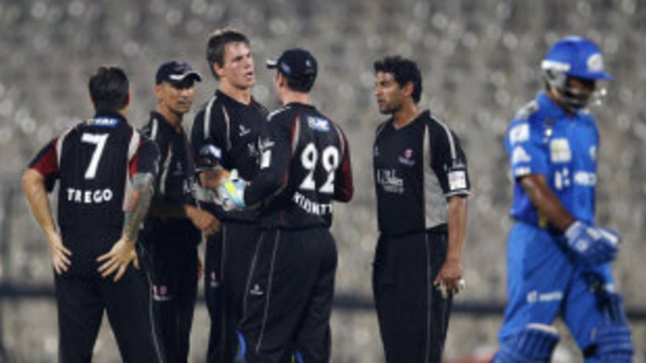 Adam Dibble is congratulated on dismissing Ambati Rayudu, Somerset v Mumbai Indians, 2nd semi-final, CLT20, Chennai, October 8, 2011