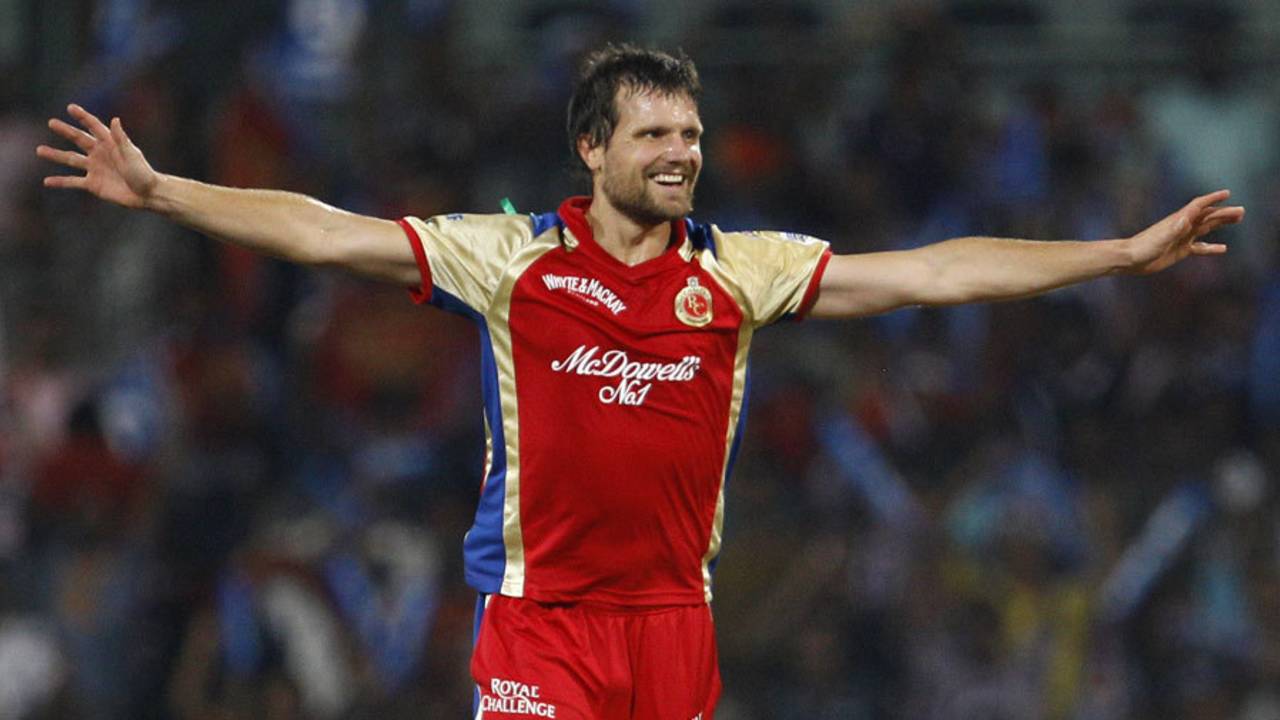 Dirk Nannes celebrates bowling Sarul Kanwar, Mumbai Indians v RCB, CLT20 final, Chennai, October 9, 2011