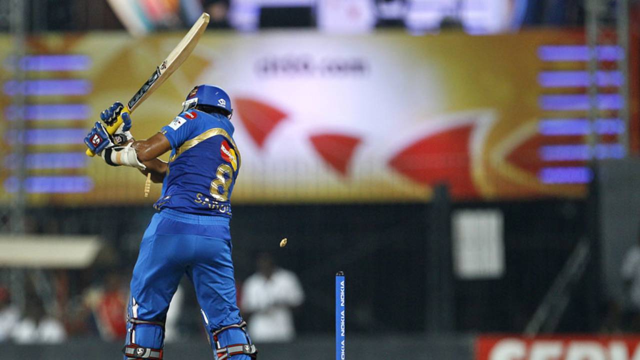 Sarul Kanwar has his stumps disturbed, Mumbai Indians v RCB, CLT20 final, Chennai, October 9, 2011