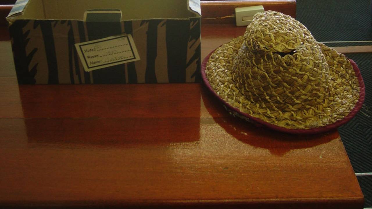 Peter Roebuck's hat sits on a desk in the press box, South Africa v Australia, 2nd Test, Johannesburg, 1st day, November 17, 2011