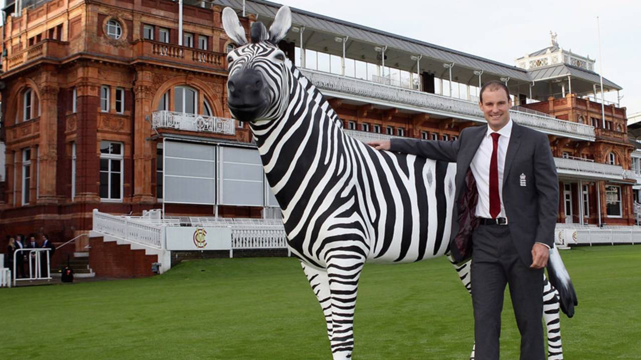 Andrew Strauss poses by a zebra in front of the Lord's pavilion on the day the ECB announced Investec as the new title sponsor of Test cricket, Lord's, November 24, 2011
