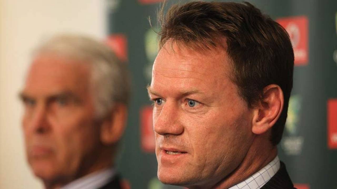 Australia's performance manager Pat Howard speaks to the media with Australian Chairman of Selectors John Inverarity (left) looking on, Brisbane, November 26, 2011